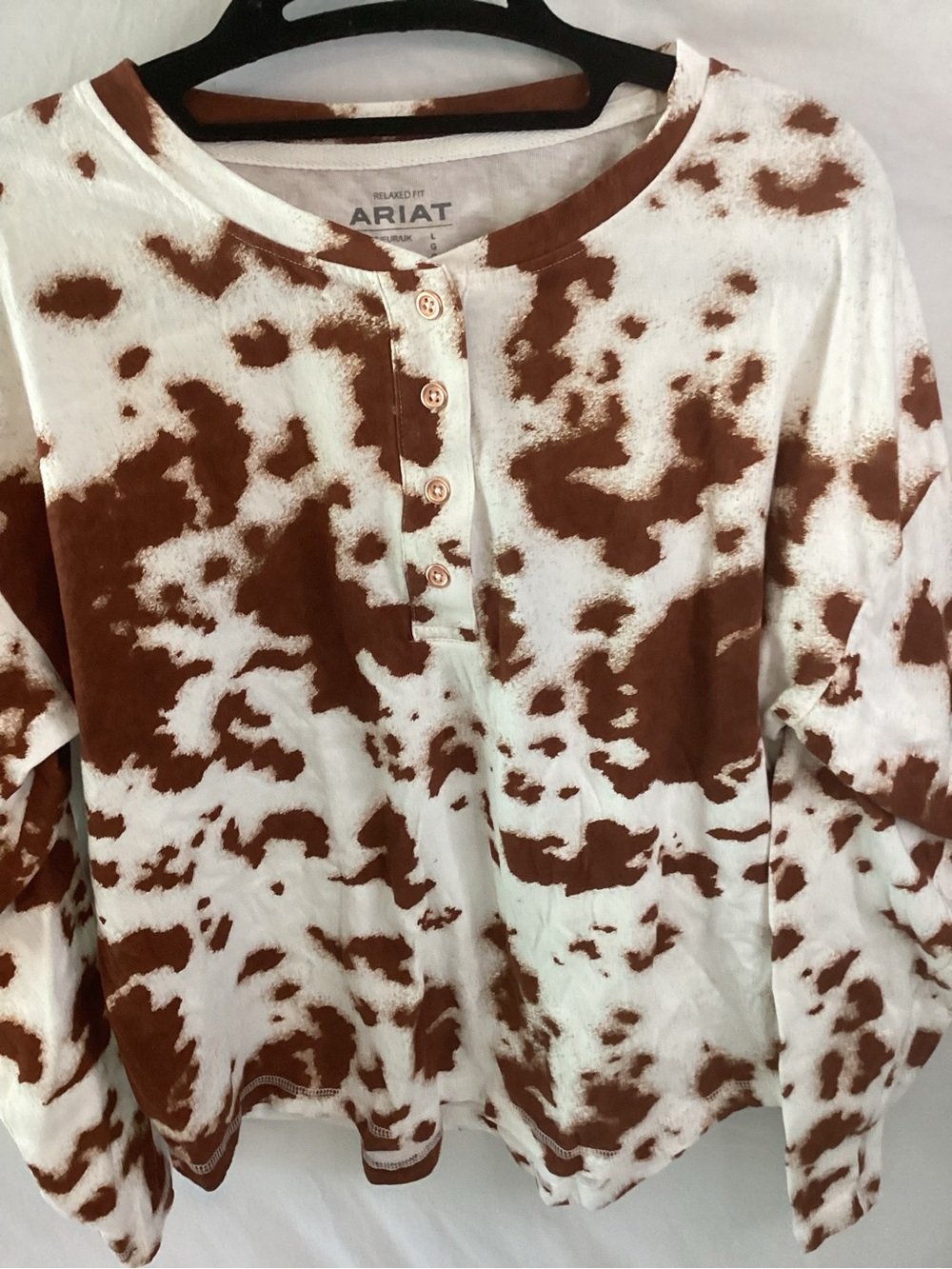 Ariat Women’s Henley Top with Copper Buttons/ Cow Print, L